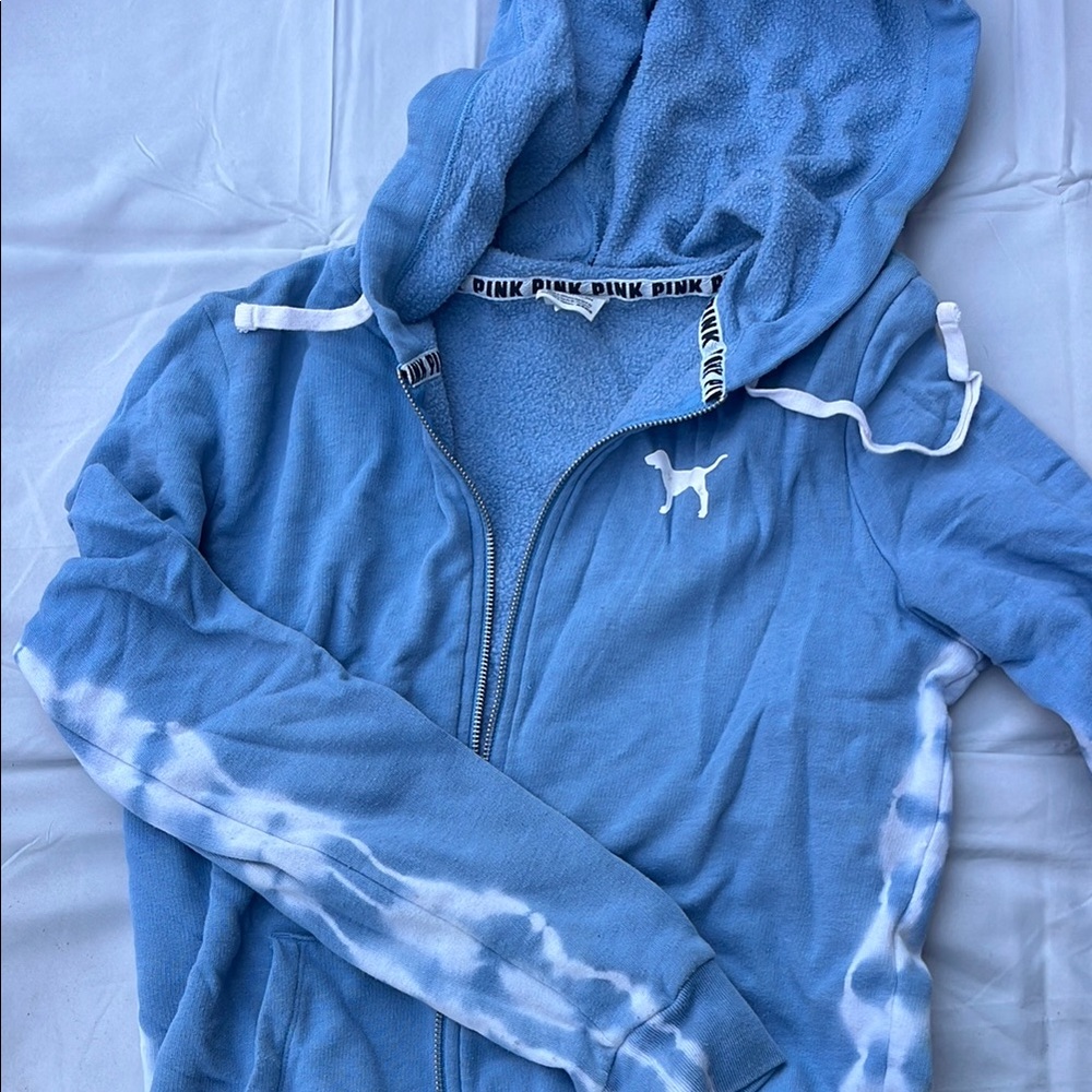 PINK Victoria's Secret Blue and White Zip-Up Hoodie